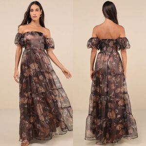 Lulus Exquisite Finesse Brown Floral Organza Maxi Dress With Pockets Wedding